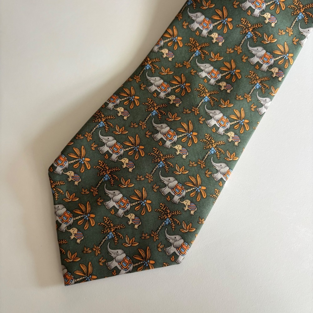 Jim Thompson Silk Tie Mens OS Green Elephant Palm Tree Thai Silk‎